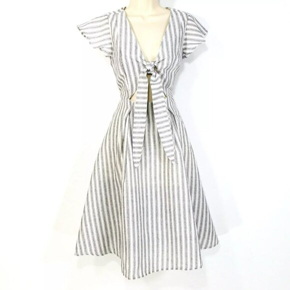&Merci Tie Front Linen Blend Dress Sz M Flutter Sleeves Stretch Waist Cut Out - Picture 1 of 12